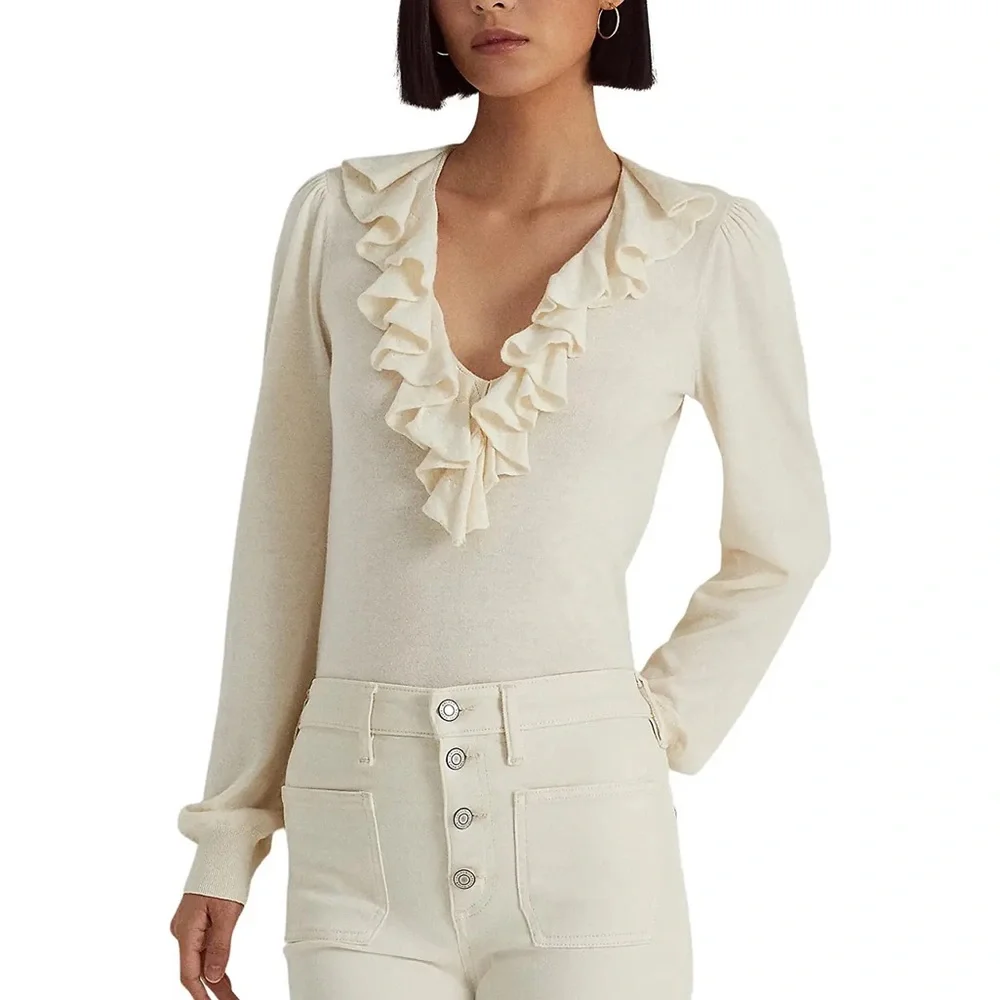 LAUREN Ralph Lauren Cream/White Ruffle Trim V-Neck Long Sleeve Shirt Siz… - Picture 1 of 7